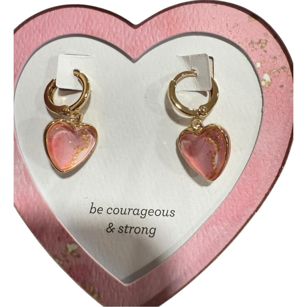 Art Heart Earrings - Be Strong & Courageous -Pink Hearts - Demdaco 100820047 NWT - Picture 2 of 4